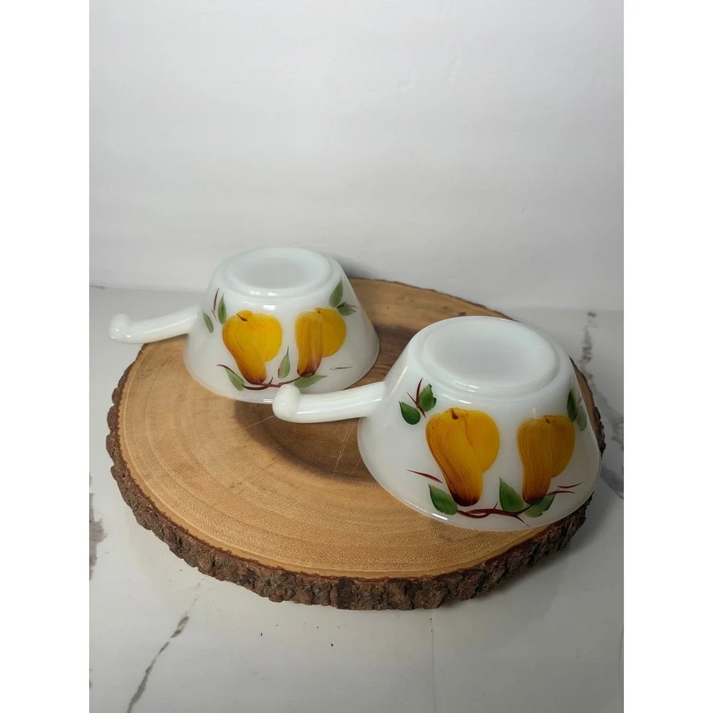 Vintage Fire-King Milk Glass Fruit Chili Bowls Set of 3 Pear Grapes Hand Painted